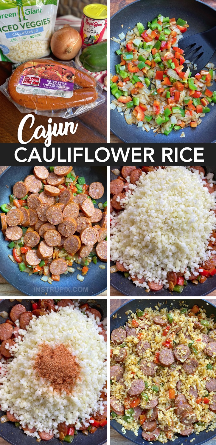 Looking for quick and easy, healthy low carb dinner recipes? This Cajun Cauliflower rice is my favorite keto meal! No cheese! This main dish is so simple to make with just 6 cheap ingredients. Ketogenic, low carb, paleo, and whole30. #keto #lowcarb #paleo #instrupix 