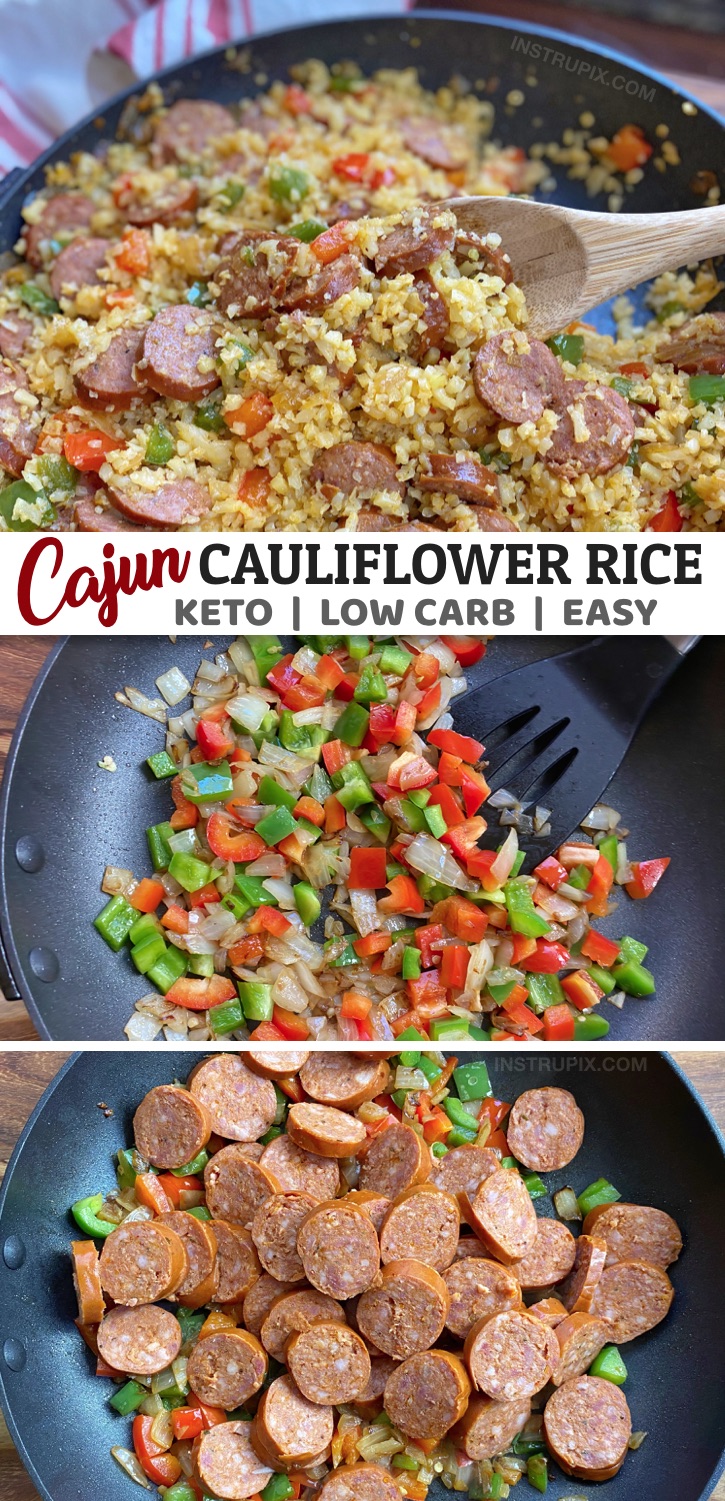 Looking for easy and healthy keto dinner recipes? This One Pan Cajun Cauliflower rice is my favorite low carb and paleo friendly meal! Dairy free! This keto main dish is so simple to make with just a handful of cheap ingredients. Ketogenic, low carb, paleo, and whole30 dinner idea. #keto #lowcarb #paleo #instrupix 