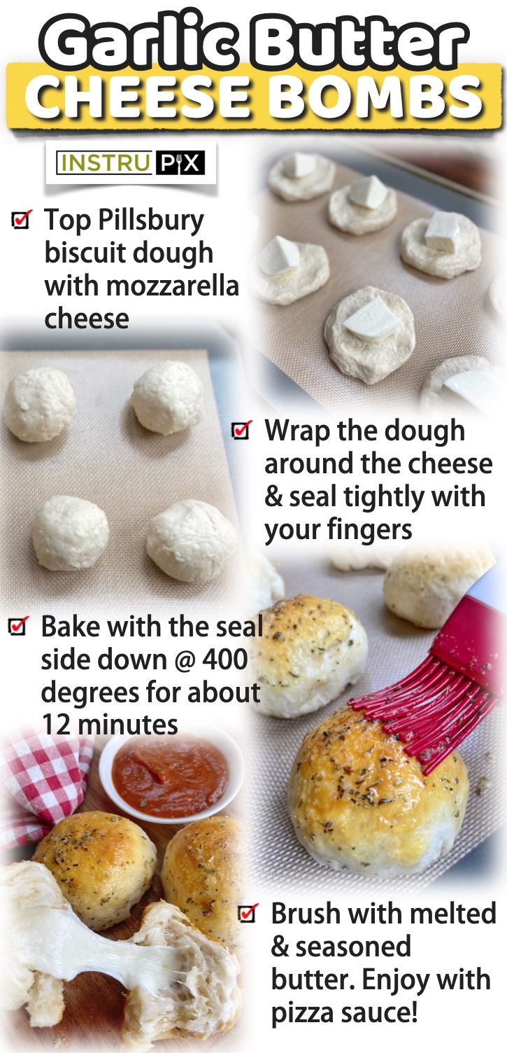 Cheese Bombs | A super fun and easy snack recipe made with Pillsbury biscuits. How can you go wrong with biscuits stuffed with cheese and then drenched in garlic butter? The best southern comfort food, ever! My picky kids love them. They are especially delicious served with pizza sauce or marinara for dipping. You cold even add pepperoni to the inside! So delicious served as a snack or even a last minute dinner with a packaged caesar salad. Your family is going to love this yummy cheese stuffed bread!