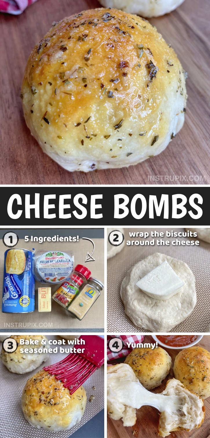 Garlic Butter Cheese Bombs -- If you’re looking for quick and easy yummy food ideas, these cheese stuffed bread balls are filled with mozzarella and coated with a garlic butter mixture that is super delicious. They’re made with just a handful of simple and cheap ingredients, but don’t let that fool you into thinking they aren’t THE BEST little snack on the planet. Kids and teens love this yummy snack for after school! Thanks to Pillsbury Biscuits, they're super easy to make. Filling enough for dinner with dipping sauce, too.