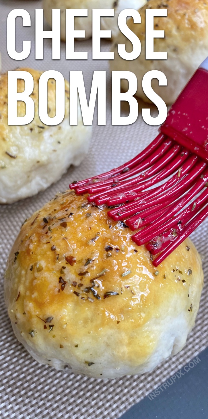 Garlic Butter Cheese Bombs -- This stuffed cheesy bread recipe is so quick and easy, even your kids can make them! They are made with cheap and simple ingredients including Pillsbury biscuits, cheese, butter and seasoning. Teens love these! They are a comforting after school snack or even lunch idea. Dip them in marinara and they taste like pizza. Some serious comfort food! An easy snack idea your teenagers can make. Great for parties or get together, too! #comfortfood #cheesy #awesomefood #instrupix