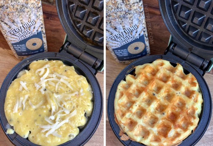 Keto Low Carb Breakfast Recipe Idea: Everything Bagel Chaffles made with almond flour in a mini waffle maker.