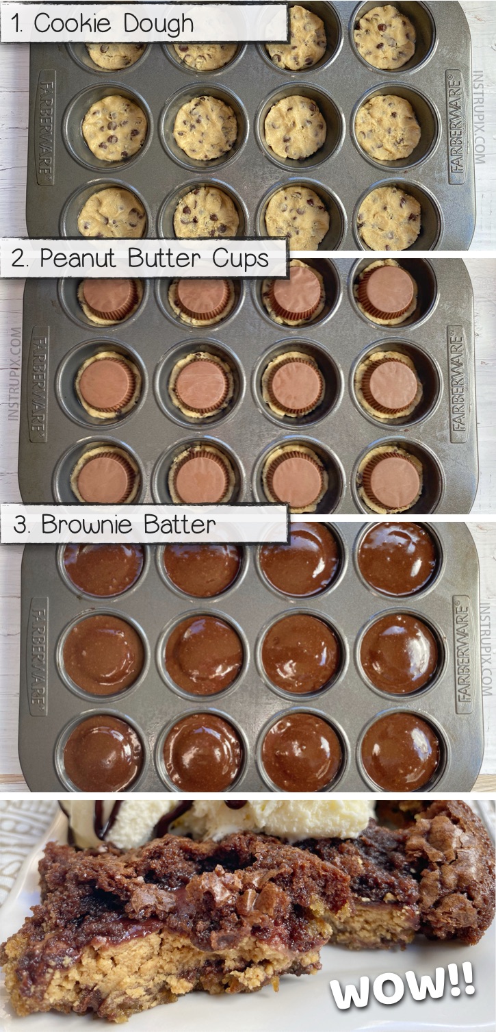 Looking for quick and easy chocolate peanut butter dessert recipes for a crowd? These 3 ingredient peanut butter stuffed brookies are so simple to bake in a muffin tin! This is seriously the BEST dessert recipe, ever in the history of the world! A fancy and fun sweet treat! This yummy dessert recipe is basically a brownie, cookie and Reese's peanut butter cup sandwich. Delish! #chocolate #3ingredients #instrupix