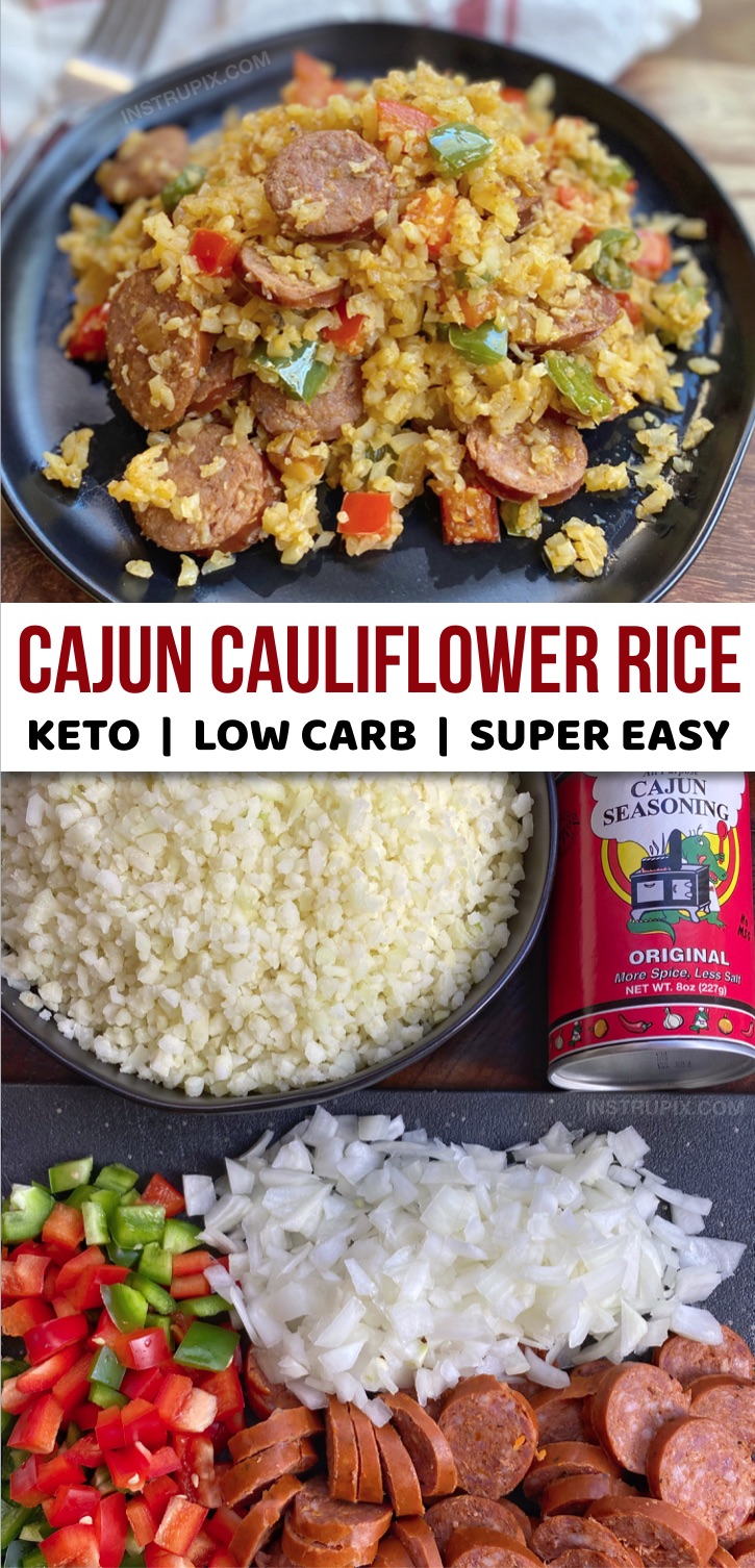 Looking for quick, easy and healthy keto dinner recipes? This cajun cauliflower rice is made with just 5 simple ingredients and it's absolutely delicious! Frozen cauliflower rice, sausage, bell pepper, onion and cajun seasoning. Loaded with veggies! Make this simple keto dinner recipe a part of your meal plan. It's perfect for busy weeknights and made in just ONE pan. Gluten free, low carb, keto friendly and budget friendly. #lowcarb #keto #dinnerrecipes #instrupix #onepan #ketorecipes