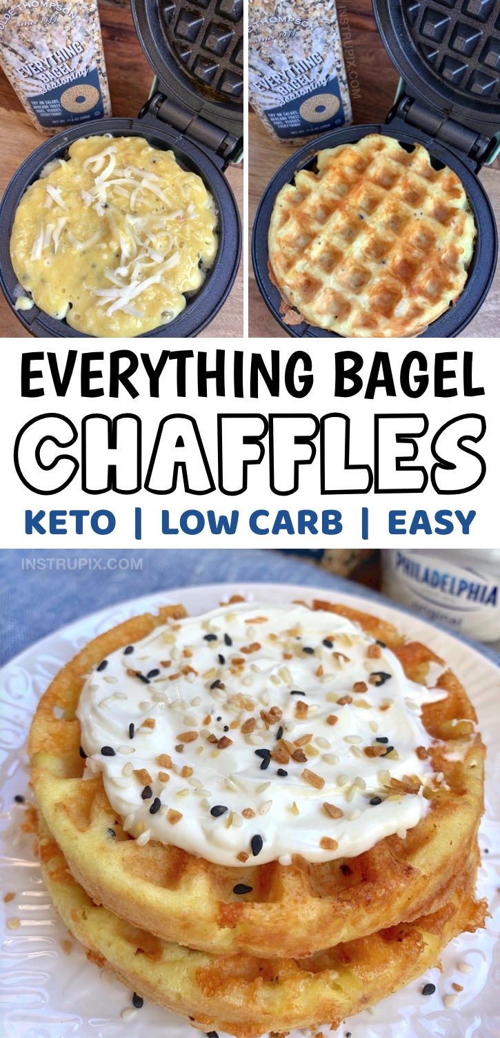 If you're on the hunt for quick and easy keto breakfast recipes, these low carb everything bagel chaffles are so simple to make with almond flour, mozzarella cheese, an egg and everything bagel seasoning. Top with cream cheese! Yum. You're going to love this keto recipe for busy mornings and even on the go to bring to work with you. So crispy and tastes like the real thing! These are the best keto breakfast waffles, especially with if you want something different and not sweet. #keto #lowcarb