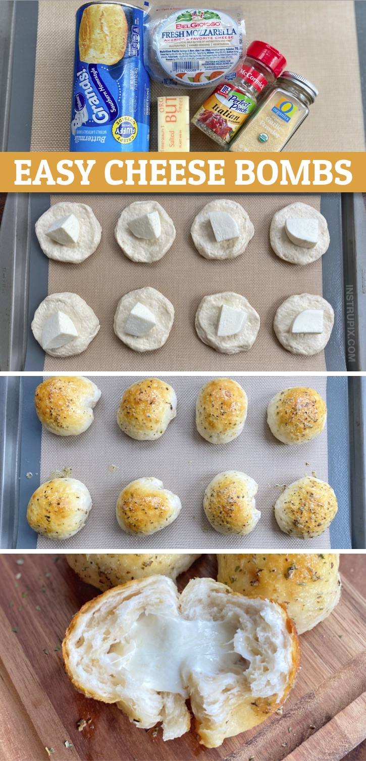 Einige ernsthafte Komfort Essen hier! Diese einfachen Knoblauchbrot-Käsebomben werden aus nur 4 einfachen Zutaten hergestellt, darunter Pillsbury Biscuits, Mozzarella, Butter und Gewürze. Sie sind schnell und einfach herzustellen. Im Ernst, die beste Snack- und Party-Vorspeise ... aller Zeiten! Ideal auch als Snack nach der Schule oder zum Mittagessen. Wenn Sie auf der Suche nach lustigen Essensideen für Kinder sind, werden Ihre Teenager dieses einfache und billige Rezept lieben. Ich serviere sie auch gerne als Beilage zum Abendessen. #funfood