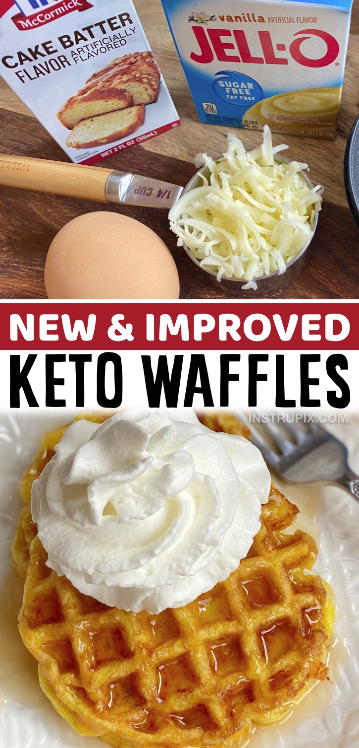 The BEST Chaffles Recipe made with Jello vanilla pudding mix and cake batter flavor! These easy Keto chaffles are sweet and delicious! They’re my new favorite sweet and low carb breakfast recipe, and they’re made with just 4 simple ingredients. If you don’t already have cake batter flavor (you can find it at Walmart), you’ve got to try this amazing extract to improve your waffles. These are so easy to make in less than 5 minutes! I love my mini waffle maker. 