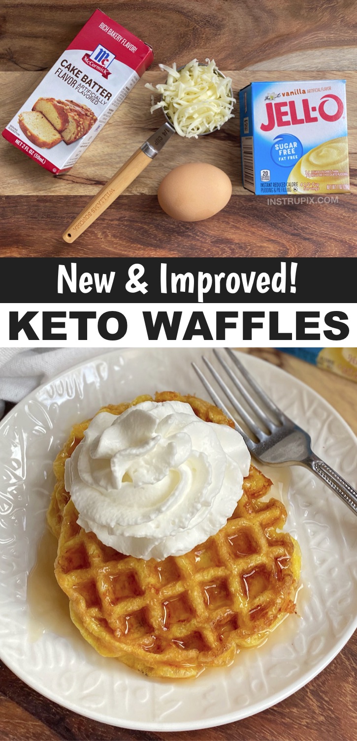 Auf der Suche nach einfachen Keto-Frühstücksideen für Anfänger? Diese süßen Frühstücks-Chaffles werden mit nur 4 Zutaten hergestellt und lassen sich super schnell in Ihrem Mini-Waffeleisen herstellen. Perfekt für geschäftige Morgen und sehr sättigend! Die zuckerfreie Jello-Pudding-Mischung und der Kuchenteig-Extrakt sind das Geheimnis, das die besten kohlenhydratarmen Waffeln zum Frühstück macht. Hergestellt ohne Mandelmehl oder Kokosmehl. Ein super einfaches süßes Keto-Frühstücksrezept. #keto #chaffles #lowcarb #instrupix