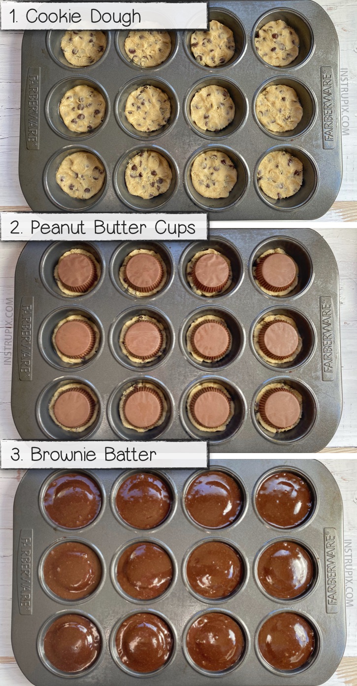 Auf der Suche nach einfachen Schokoladen-Erdnussbutter-Desserts? Diese schnellen und einfachen 3-Zutaten-Brownies und Kekse mit Erdnussbutterfüllung machen so viel Spaß, in einer Muffinform zu backen! Dies ist das beste Dessertrezept der Welt! Je! Dieser schicke süße Leckerbissen ist im Grunde ein Sandwich mit Brownie, Keks und Erdnussbutter. Leckeres Essen! #chocolate # 3ingredients #instrupix