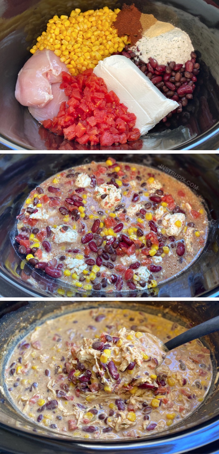 Suchen Sie nach einfachen und gesunden Slow Cooker Dinner-Rezepten mit Hühnchen? Ihre Kinder, Ihr Ehemann und Ihre wählerischen Esser werden diesen schnellen und einfachen cremigen Crockpot-Hühnchen-Chili lieben! Es ist sehr einfach und preisgünstig mit billigen Zutaten zuzubereiten. Die beste Idee für ein Slow Cooker-Menü unter der Woche für vielbeschäftigte Mütter und Väter. Ideal für große Familien, da es 8 Personen ernährt!