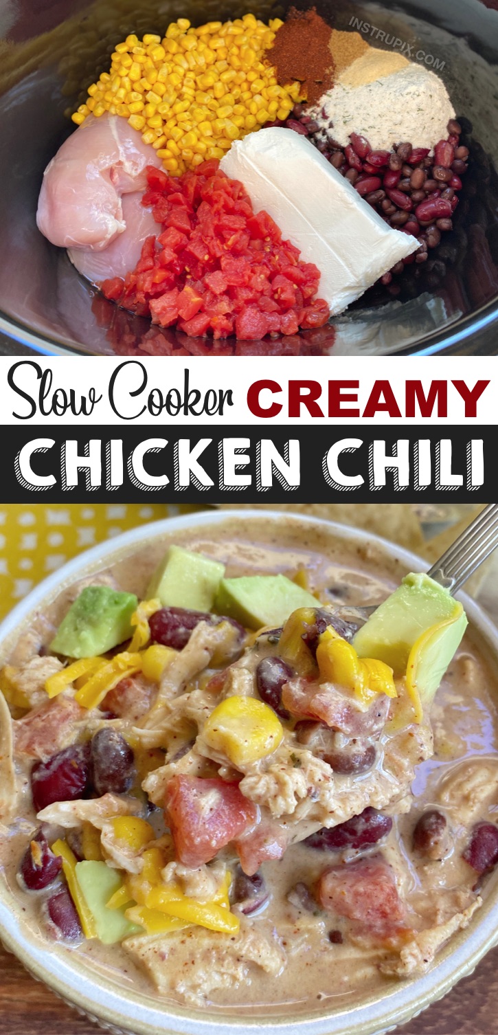 Auf der Suche nach günstigen und einfachen Crockpot-Gerichten? Diese cremige Hühnchen-Chili-Suppe besteht aus einfachen und billigen Zutaten, die die ganze Familie lieben wird (sogar Ihre wählerischen Kinder!). Sie ist mit Hühnchen, Bohnen, Mais, Tomaten, Frischkäse und Gewürzen beladen. So einfach zu machen! Gefrierbar und auch toll übrig. Dieses einfache Rezept für das Abendessen ist perfekt für geschäftige Mahlzeiten unter der Woche. Vielbeschäftigte Mütter und Väter werden dieses Slow Cooker-Rezept lieben! Mmm .. Komfort Essen! Top mit Avocado, Käse, Jalapeno oder alles andere, was Sie möchten.