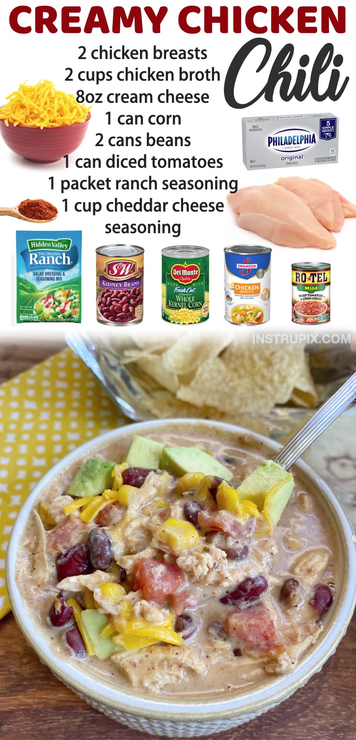 A cheap and easy crockpot dinner recipe for your family! Even my picky kids love this simple slow cooker meal. I mean, how can you go wrong with cream cheese? It's seriously my favorite ingredient for just about anything. If you’re looking for slow cooker dinner recipes to feed your picky eaters, this creamy white chicken chicken chili is always a hit! So yummy served with cheese, avocado, tortilla chips or anything else you'd like. So comforting and filling especially in the winter!
