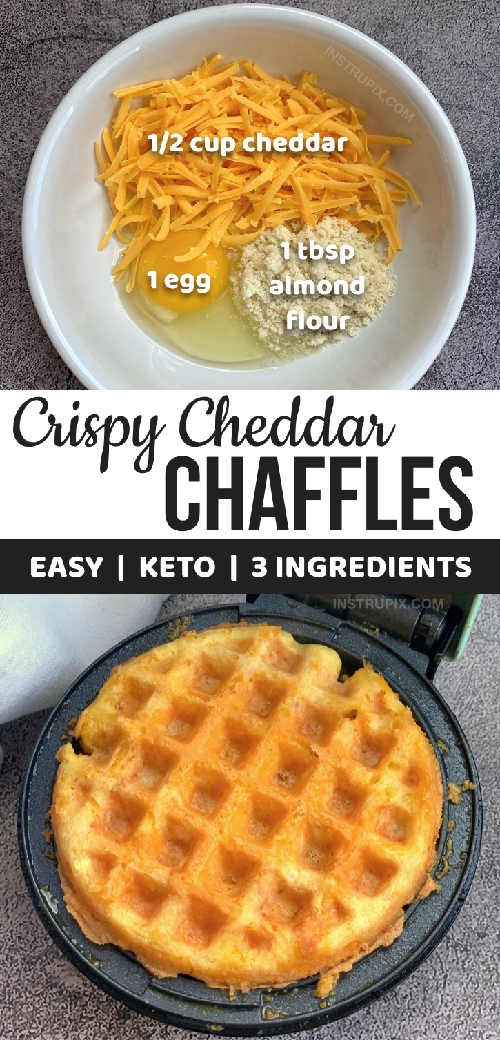 EASY KETO CHAFFLE RECIPE: These crispy, savory chaffles are the BEST low carb snack and sandwich bread or pizza crust substitute! They are so simple to make with just 3 ingredients: almond flour, cheddar cheese and an egg. The perfect keto recipe for beginners. Not eggy and you can flavor them with seasoning however you'd like (garlic powder, Italian seasoning, etc.). Because they are crispy, they are a wonderful keto side dish for soup or salad, too. Fast to make in a mini waffle maker. #keto