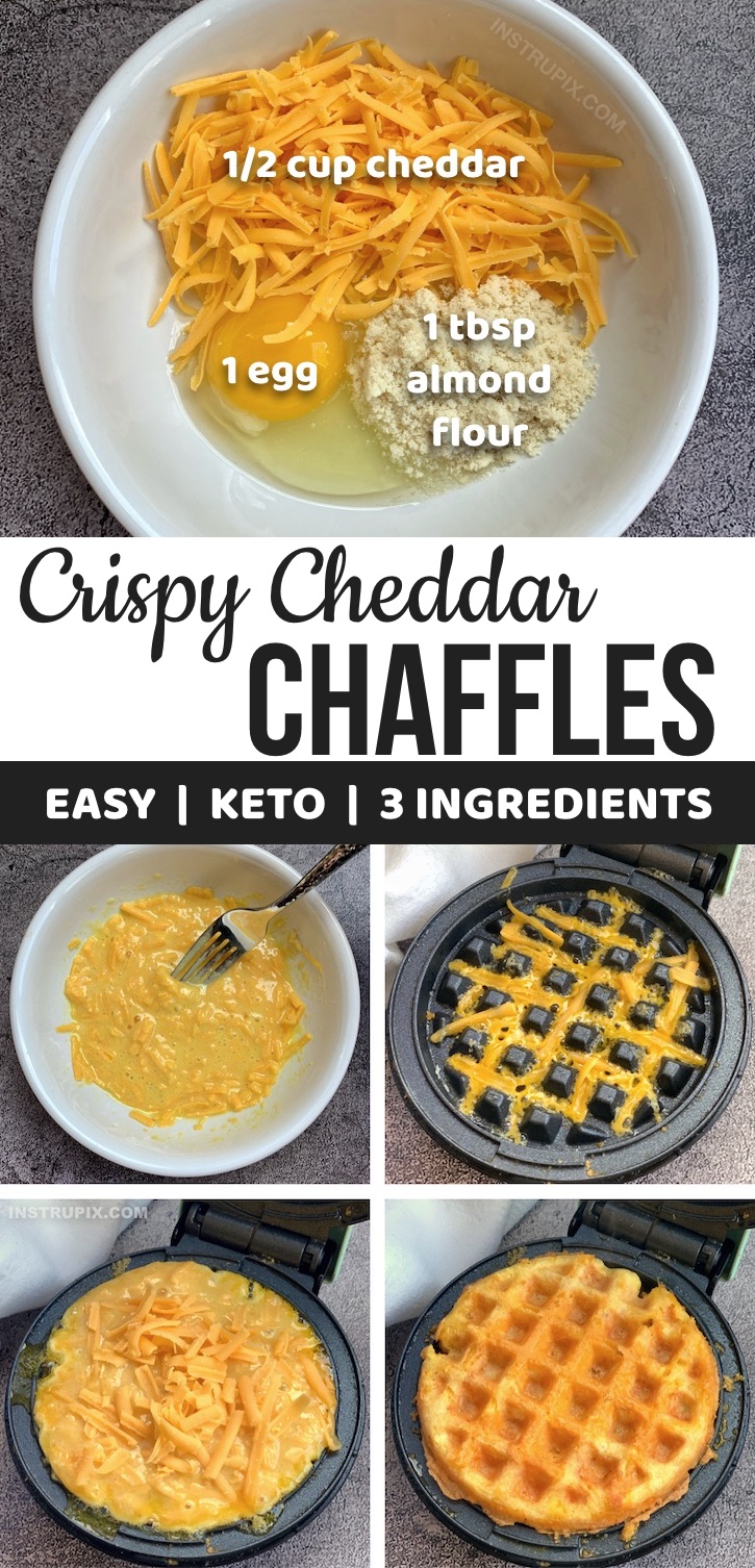 These easy keto chaffles are made with just 3 ingredients: almond flour, cheese and an egg-- plus here's the secret to making them extra crispy. They are perfect for sandwich bread, breakfast toast, or a dip for soup. Super quick and easy to make in a mini waffle maker. The BEST keto recipe for beginners or anyone who is lazy like me. They go with just about everything-- a dinner side, lunch bread, breakfast or even just as a savory snack. Low carb and keto friendly. #keto #chaffles 