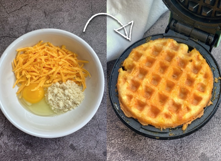 Super crispy keto chaffle recipe made with just 3 simple ingredients: almond flour, cheddar cheese and an egg. Great recipe for beginners on a ketogenic diet!
