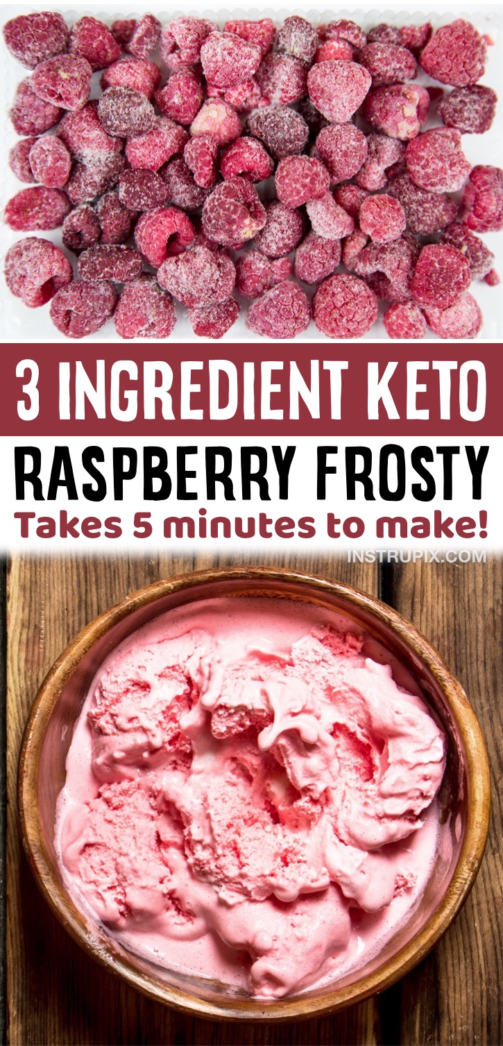 Keto Raspberry Frosty Ice Cream | A simple keto dessert recipe that takes less than 5 minutes to make! If you’re looking for something quick, easy and sweet to whip up with very little guilt, you’ve got to try this delicious low carb, no bake treat made with just a few ingredients: frozen raspberries, heavy whipping cream and a low carb sweetener like Swerve, Stevia or Monk Fruit. The best keto dessert recipe for ONE! It has the texture of a creamy soft serve ice cream. It's cold, yummy and perfect for summer.