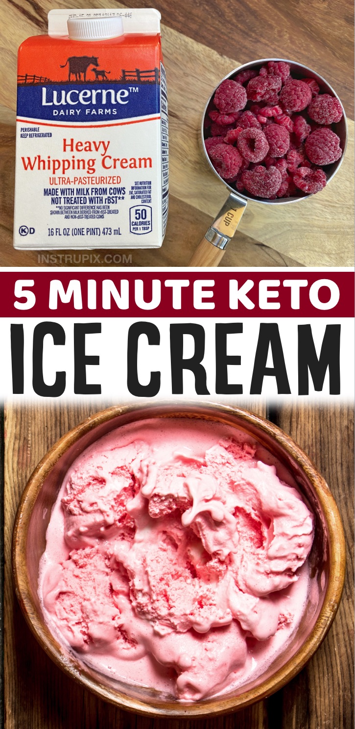 Keto Dessert Recipes For One | Easy Keto No Churn Ice Cream (just 3 ingredients to make this simple low carb treat!) Simply mix together frozen raspberries, heavy cream and the low carb sweetener of your choice. A great 5 minute last minute dessert idea! So quick and easy to make. Perfect for summer or anything you're craving something sweet. 