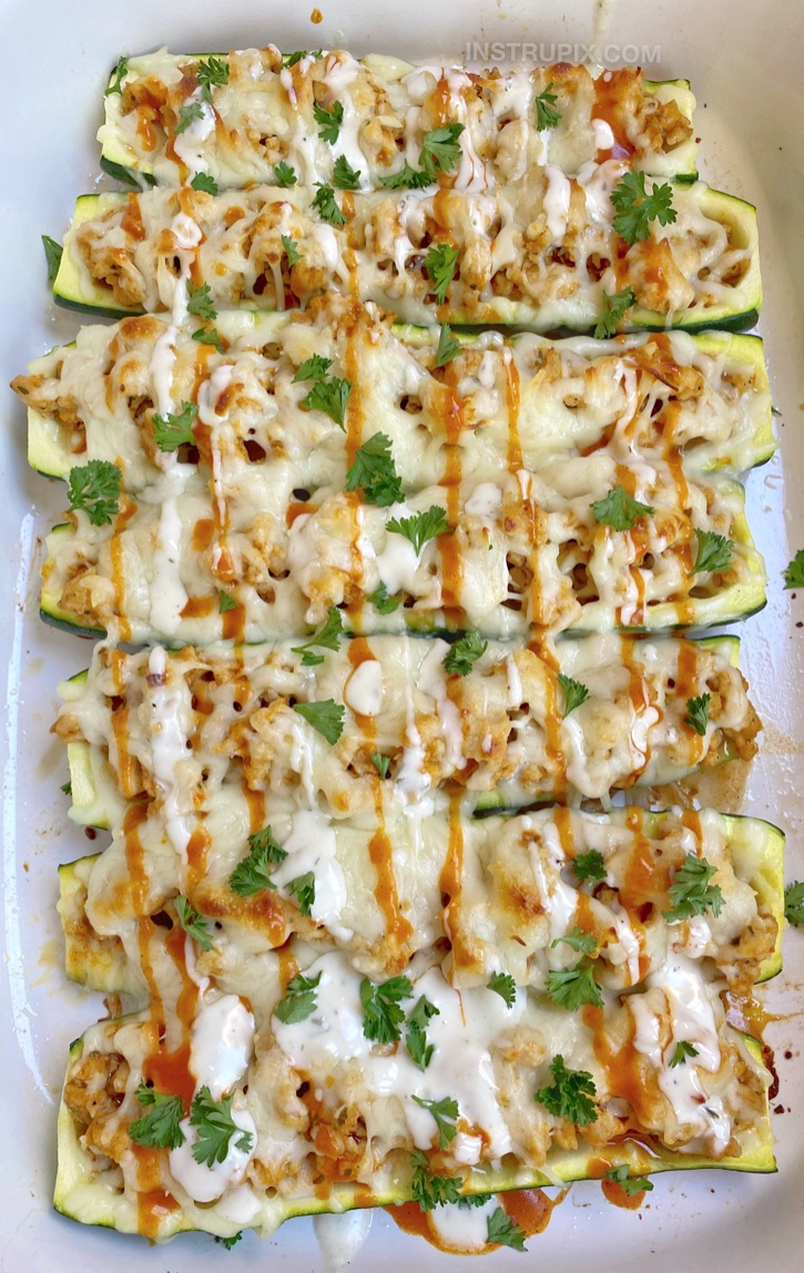 Quick and easy dinner recipe! Keto Buffalo Chicken Zucchini Boats. A low carb and healthy dinner recipe for beginners on a keto diet. 