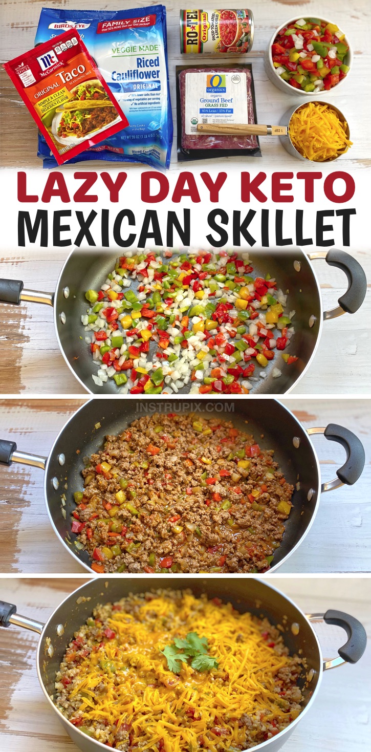 Looking for easy, healthy and low carb dinner recipes? Try this simple weeknight meal made with just a handful of ingredients in ONE PAN including ground beef, frozen cauliflower rice, cheddar cheese, Rotel, taco seasoning, onion and bell pepper. It’s incredibly delicious yet healthy and totally guilt free! This keto friendly dinner recipe is perfect for anyone who doesn’t want to spend all night in the kitchen cooking and cleaning up. Great for last minute dinners!