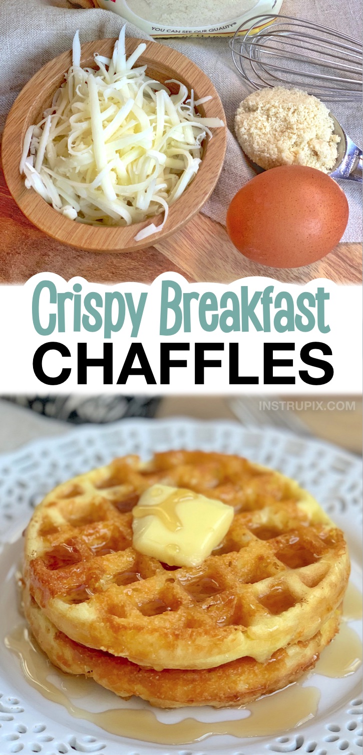 3 Ingredient Easy Keto Breakfast Chaffles (made with almond flour, cheese and an egg!) Such a simple and fast low carb breakfast idea for busy mornings. Keto friendly with sugar free syrup and butter. So yummy!
