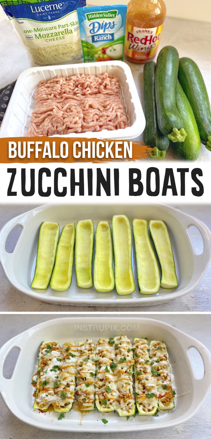 A simple and delicious low carb meal made with groundn chicken! If you’re looking for easy, low carb AND healthy dinner recipes, these cheesy buffalo chicken zucchini boats are super yummy and made with just a few cheap ingredients. You don’t have to be on a low carb or keto diet to enjoy them! Zucchini boats are definitely a fun and exciting way to eat veggies. They are a go-to dinner idea for my family on busy weeknights. Clean eating, gluten free, healthy and high in protein. 