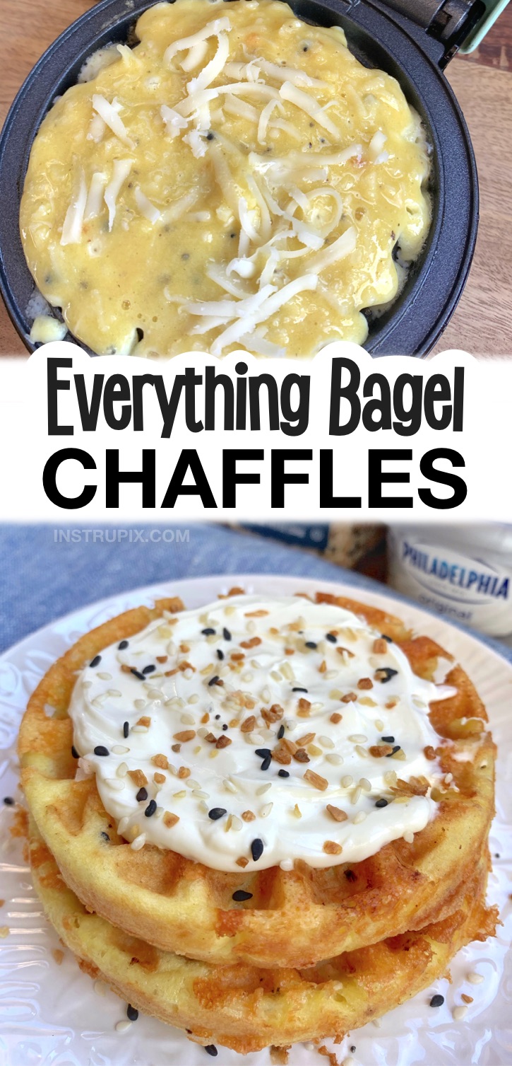 Everything But Bagel Seasoning Chaffles (made with almond flour & cream cheese) -- A super quick and easy keto breakfast idea for busy mornings! Delish with cream cheese spread over top. Tastes just like a toasted bagel! Low carb, simple and fast to make. 