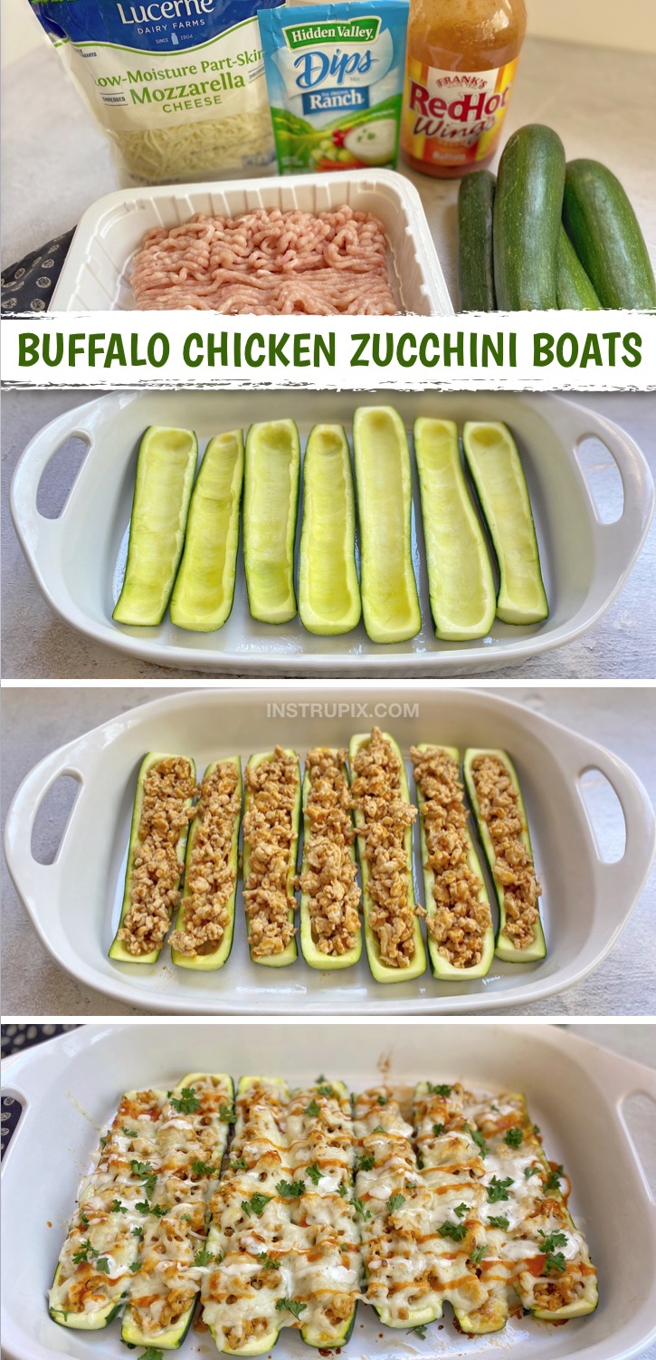 Looking for quick, easy and healthy keto dinner recipes? These zucchini boats are made with just 5 simple ingredients: ground chicken, ranch seasoning, buffalo wing sauce, zucchini and cheese. The perfect keto diet recipe for beginners! Add them to your meal plan. Just as good leftover, so you can bring them to work for lunch the next day. A fabulous low carb chicken recipe that even non keto diet folks will love. Diabetic friendly & gluten free. #keto #lowcarb #chicken #instrupix