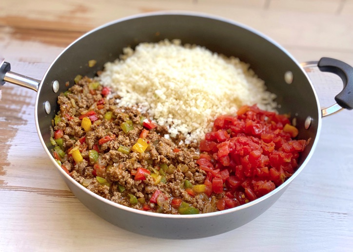 Ground beef, cauliflower rice and Rotel keto and low carb dish. 