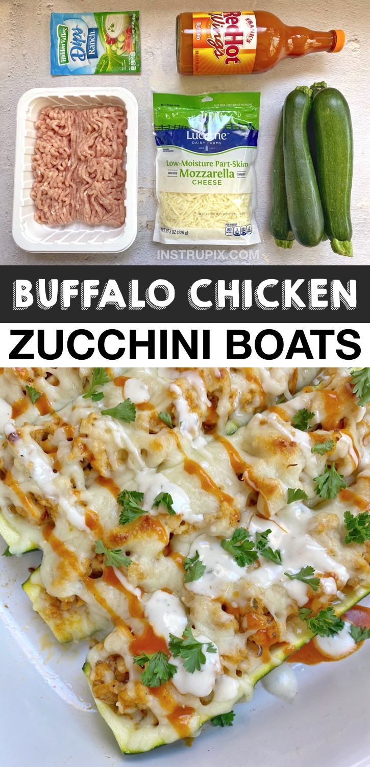 KETO Buffalo Chicken Zucchini Boats (A quick and easy low carb dinner recipe!). If you're looking for healthy keto meals, these zucchini boats are made with cheap and simple ingredients including ground chicken. So delicious! A great keto recipe for beginners and busy weeknights. Easy Low Carb Chicken Recipes For Dinner #keto #lowcarb #chicken #zucchiniboats #instrupix