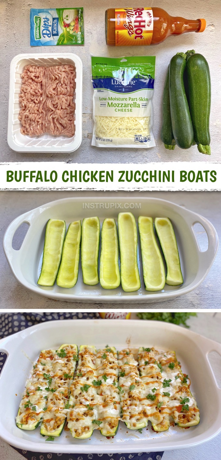 Easy Buffalo Chicken Zucchini Boats (A quick and easy keto dinner recipe!). If you're looking for healthy low carb meals, these tasty zucchini boats are made with few ingredients including ground chicken. So yummy! A cheap and simple keto recipe for beginners. Easy Keto Chicken Recipes For Dinner #keto #lowcarb #chickenrecipes #instrupix