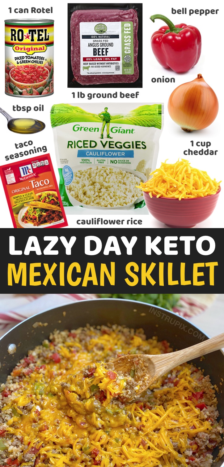 Keto One Pan Mexican Skillet Dinner Recipe - Looking for easy, healthy and low carb dinner recipes? Try this simple weeknight meal made with just a few cheap ingredients in ONE PAN including ground beef, frozen cauliflower rice, cheddar cheese, Rotel, taco seasoning, onion and bell pepper. It’s so yummy yet healthy and totally guilt free! This low carb dinner recipe is perfect for anyone who doesn’t want to spend all night in the kitchen cooking and cleaning up. It's a breeze to throw together on busy weeknights, and just as good leftover.