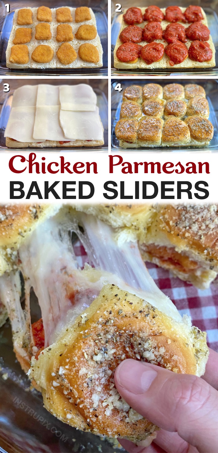 Ihre wählerischen Esser werden diese gebackenen Hühnchen-Parmesan-Schieber lieben! Ein super schnelles und einfaches Rezept für ein Abendessen für eine Familie mit Kindern. Mit einem Salat servieren, damit es gesund wird. Perfekt für geschäftige Mahlzeiten unter der Woche. Einfach mit hawaiianischen Brötchen und gefrorenen Nuggets zuzubereiten!