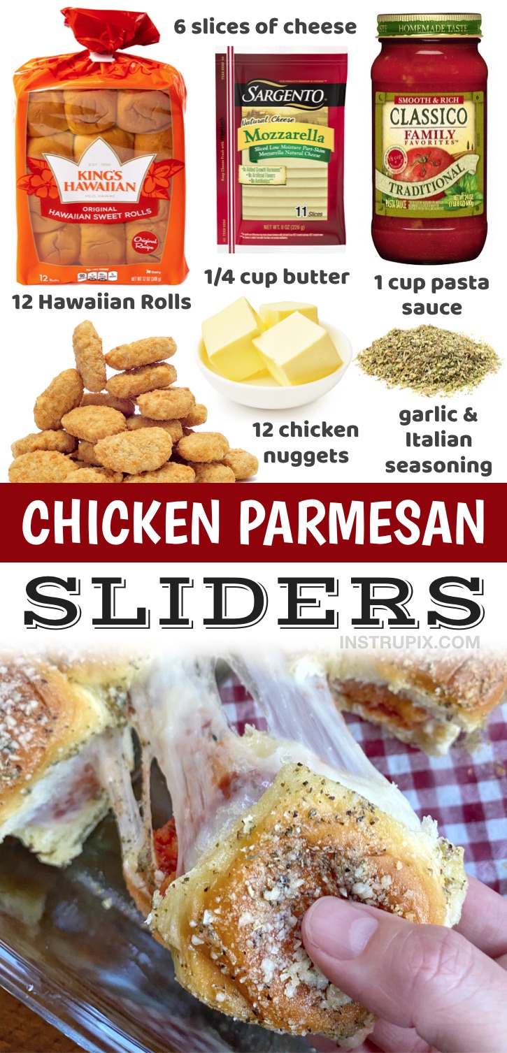 Looking for quick and easy recipes for a family with picky eaters? These baked chicken parmesan sliders are always a hit! My kids love them, and they are simple to make with just a few ingredients including Hawaiian rolls, frozen chicken nuggets, marinara, cheese, butter, garlic powder and Italian seasoning. They are super cheap and fun to make for when your kids have sleepovers or anytime they have friends over. Your teenagers will love them, too! Great for lunch, dinner or after school snacks.