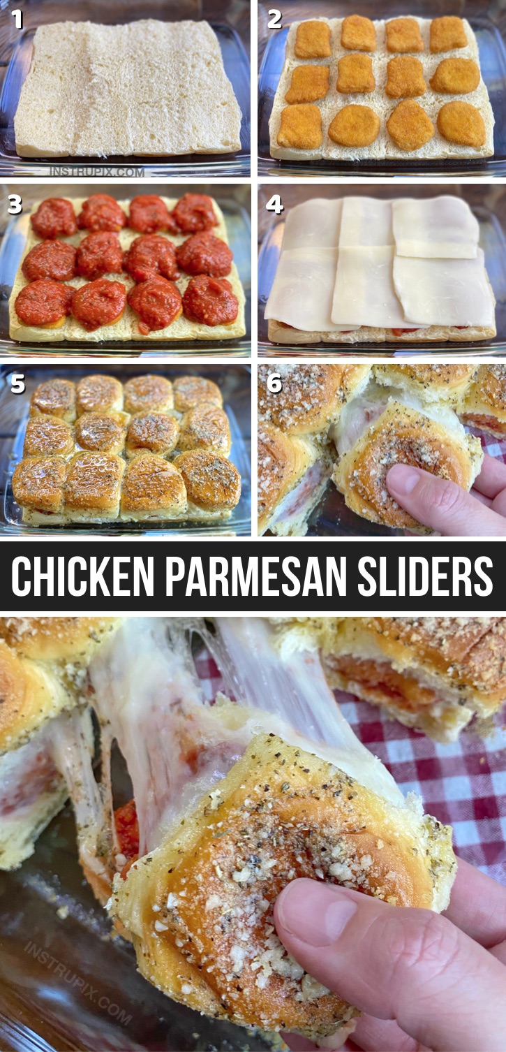 Looking for quick and easy dinner recipes for a family with kids? These baked chicken parmesan sliders are always a hit! My kids love them, and they are super quick and easy to make with just a few simple ingredients including Hawaiian rolls, frozen chicken nuggets, marinara, cheese, butter, garlic powder and Italian seasoning. They are also super cheap and fun to make for when your kids have sleepovers or anytime they have friends over. Even your picky eaters will get a belly full!
