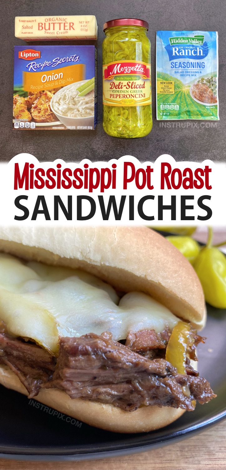 Suchen Sie nach günstigen und einfachen Crockpot-Rezepten für das Abendessen? Diese Mississippi-Schmorbraten-Sandwiches bestehen aus nur 5 einfachen Zutaten, darunter eine Mischung aus Rinderfutterbraten, Butter und Zwiebelsuppe. Dieses Hauptgericht ist immer ein Gewinn! Ideal für Familien oder für zwei mit Resten.