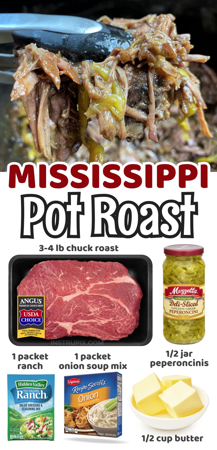 Are you looking for easy slow cooker dinner ideas? This tender and juicy mississippi pot roast is a family favorite meal! Super versatile in that you can serve the beef mixture in sandwich buns, over mashed potatoes, or with a low carb side like cauliflower rice. Even my picky eaters gobble it up! It's packed full of flavor and very comforting. My kids and husband enjoy it in hoagie rolls with cheese, and I usally eat it over mashed cauliflower to make it healthier. This stuff is seriously addicting!