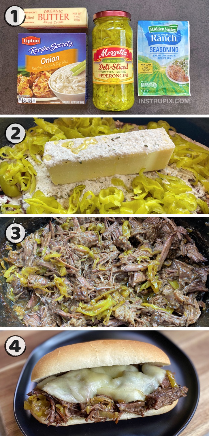 Mississippi Pot Roast Sandwiches - Suchen Sie nach einfachen Crockpot Dinner-Rezepten? Dieser köstliche Schmorbraten besteht aus nur 5 Zutaten: Rinderfutterbraten, Butter, Ranchgewürz, Zwiebelsuppenmischung und Paprika. Ein einfaches, billiges und leckeres Slow Cooker-Menü für Ihre Familie!