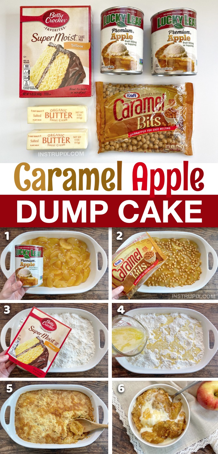 Homemade Caramel Apple Cobbler Dump Cake -- Made with just a few cheap ingredients! Boxed yellow cake mix, pie filling, butter and caramel bits. A super quick and easy fall dessert recipe. Perfect for the holidays like Thanksgiving and Christmas. An impressive crowd pleaser! Seriously, the best dessert, EVER! #cakemix #dumpcake #dessert #instrupix