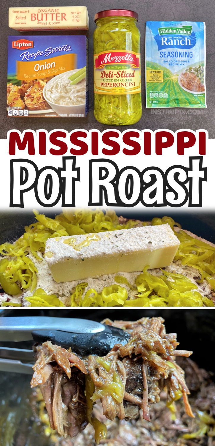 Mississippi Pot Roast | A super easy 5 ingredient slow cooker dinner recipe! This is a family favorite meal, and it's so simple to make on busy weeknights. You can serve this delicious juicy beef in a sandwich, over mashed potatoes, or even over cauliflower rice if you're watching your carbs. My picky kids love it! That's all you'll need is a beef chuck roast, butter, ranch seasoning, onion soup mix, and peppers. Dump, wait, and enjoy! I love my crockpot. It's a total life saver on busy school nights.