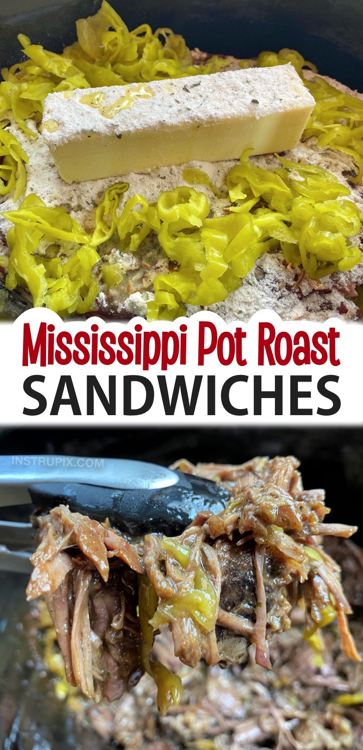 Easy Slow Cooker Mississippi Pot Roast Sandwiches - Ein fantastisches Crockpot-Dinner-Rezept für Ihre Familie! So einfach zuzubereiten mit nur 5 Zutaten, darunter Rinderbraten, Butter, Ranchgewürz, Zwiebelsuppenmischung und Peperoncinis. Fügen Sie dieses Slow Cooker-Menü zu Ihrem wöchentlichen Abendmenü hinzu.