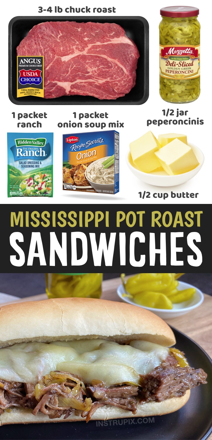 Crockpot Mississippi Pot Roast Sandwiches - Looking for easy slow cooker meals? These crockpot beef sandwiches are a family favorite! I’m always on the hunt for easy crockpot dinner ideas for my family, and this mississippi pot roast makes for THE BEST sandwiches on the planet. They are incredibly simple to make with just a few ingredients including a beef roast, butter, a packet of ranch seasoning, onion soup mix and peperoncini peppers. They great for both lunch and dinner, or anytime you want something yummy. Pefect for Lazy days!