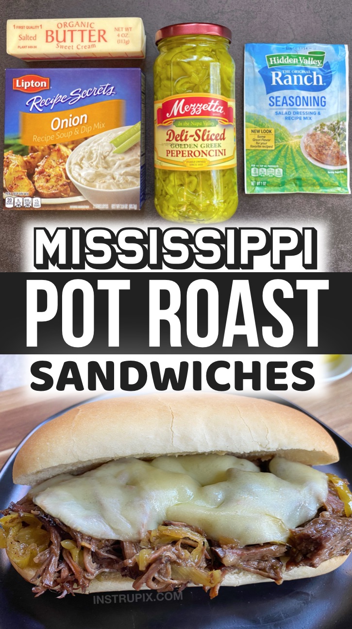 Mississippi Pot Roast Sandwiches - A super easy and delicious crockpot meal! These beef sandwiches are a family favorite slow cooker dinner recipe. They are so simple to make with just a few ingredients: butter, ranch seasoning mix, onion soup mix and peppers. My husband and kids love them! They are also great for the weekends for family gatherings. Some serious comfort food! Serve the meat on hoagie rolls with melted cheese, or even with mashed potatoes. So yummy. 