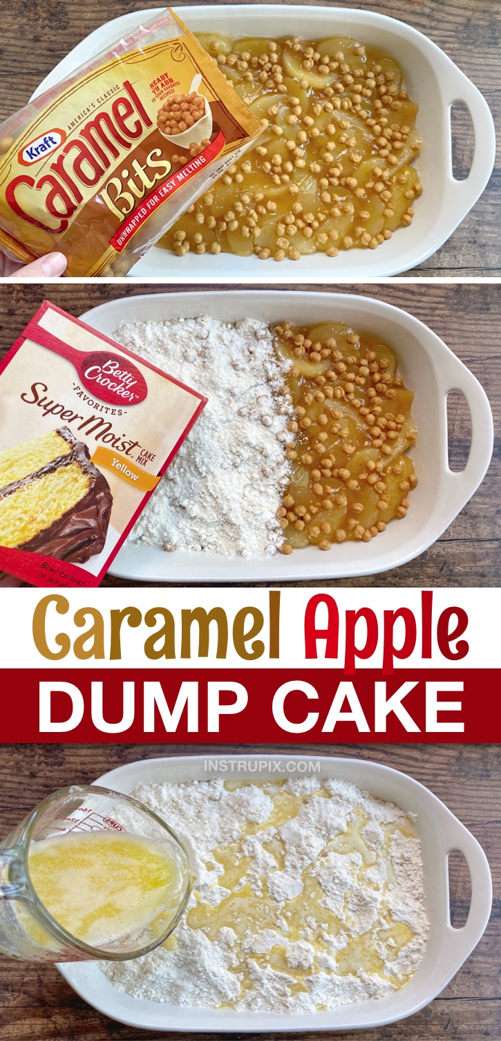 Quick & Easy Caramel Apple Cobbler Dump Cake Recipe made with boxed yellow cake mix and canned pie filling! So simple to make yet really impressive! Perfect for Thanksgiving or anytime in the fall. Made with just a few cheap and simple ingredients. If you love sweet treats, you're going to love this easy apple dessert! #dumpcake #caramel #apple #instrupix 