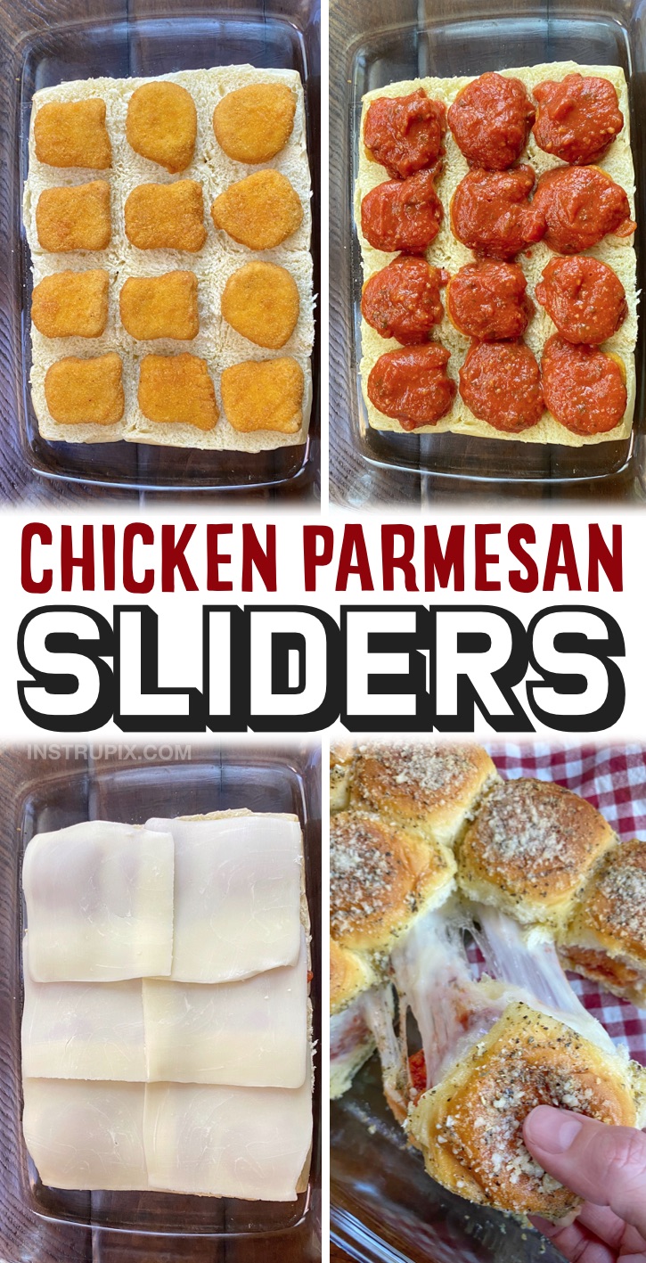 Lunch Ideas For Kids At Home -- These mini chicken parmesan sliders are a family favorite. My kids devour them! They are perfect for a simple lunch at home or even after school snack idea when they have friends over or summer sleepovers. Great for small gatherings as they make for the perfect finger food. Quick and easy to make thanks to Hawaiian rolls and frozen chicken nuggets! My teenagers love them, but they are perfect for kids of any age even toddlers and preschoolers. So yummy!