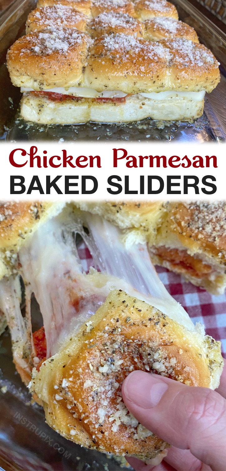 Easy Baked Chicken Parmesan Sliders - Eine schnelle und einfache Idee für ein Abendessen für eine Familie mit Kindern! Ihre wählerischen Esser werden diese billige Mahlzeit Idee lieben. Mit einem Salat servieren! Wirklich lustig und einfach zu machen. Nur eine Handvoll Zutaten, darunter hawaiianische Brötchen und gefrorene Hühnernuggets.