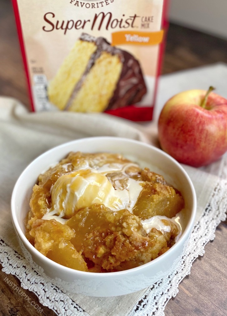Quick and Easy Dessert Recipe For Fall (perfect for Thanksgiving!) Caramel Apple Cobbler Dump Cake made with pie filling and boxed yellow cake mix. The best dessert recipe ever, seriously!! Serve with vanilla ice cream.