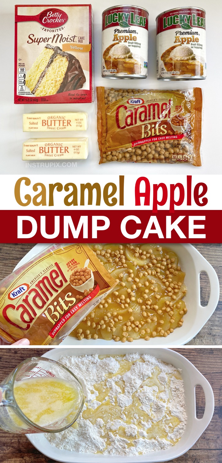 Caramel Apple Cobbler Dump Cake Recipe -- A super quick and easy dessert recipe for fall! Or anytime. My family enjoys it for Thanksgiving in place of apple pie. So simple to make yet, seriously, the best dessert recipe, ever! Simple, cheap and super yummy. Serve warm with vanilla ice cream. #easydesserts #caramelapple #dumpcakes #instrupix