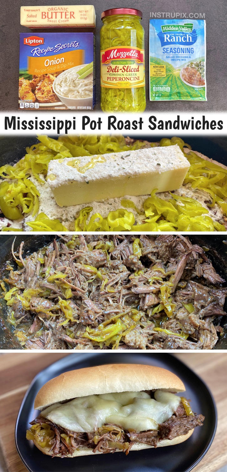 Looking for easy crockpot dinner recipes? These mississippi pot roast sandwiches and super simple to make with just 5 ingredients including a chuck roast, butter, peperoncinis, ranch seasoning and onion soup mix. Your entire family will love this easy crockpot dinner idea!