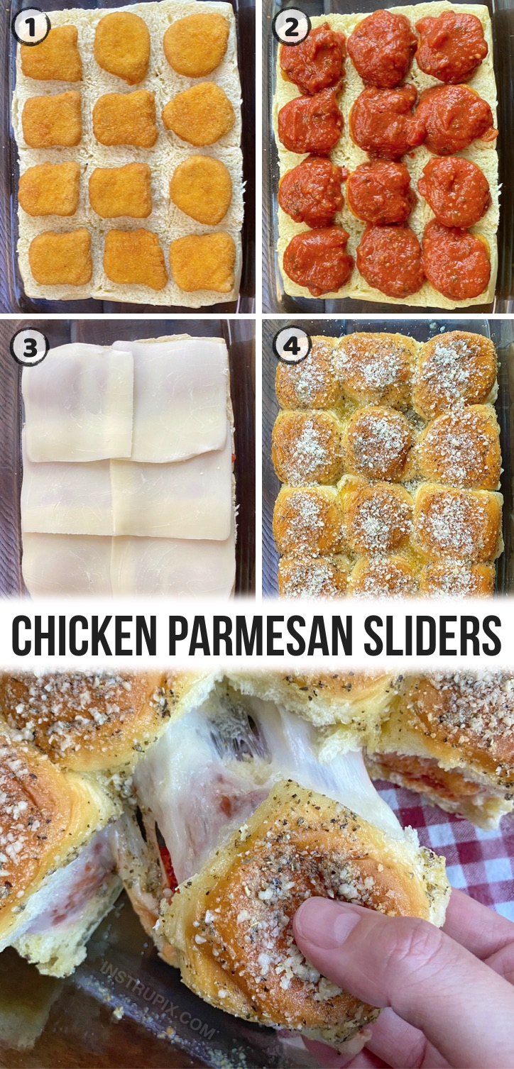 Mini Chicken Parmesan Sandwiches - Ein super lustiges und einfaches Abendessen-Rezept für Ihre Familie! Ihre Kinder und wählerischen Esser werden diese Schieber verschlingen. Hergestellt aus billigen Zutaten wie hawaiianischen Brötchen und gefrorenen Hühnernuggets oder Tendern.