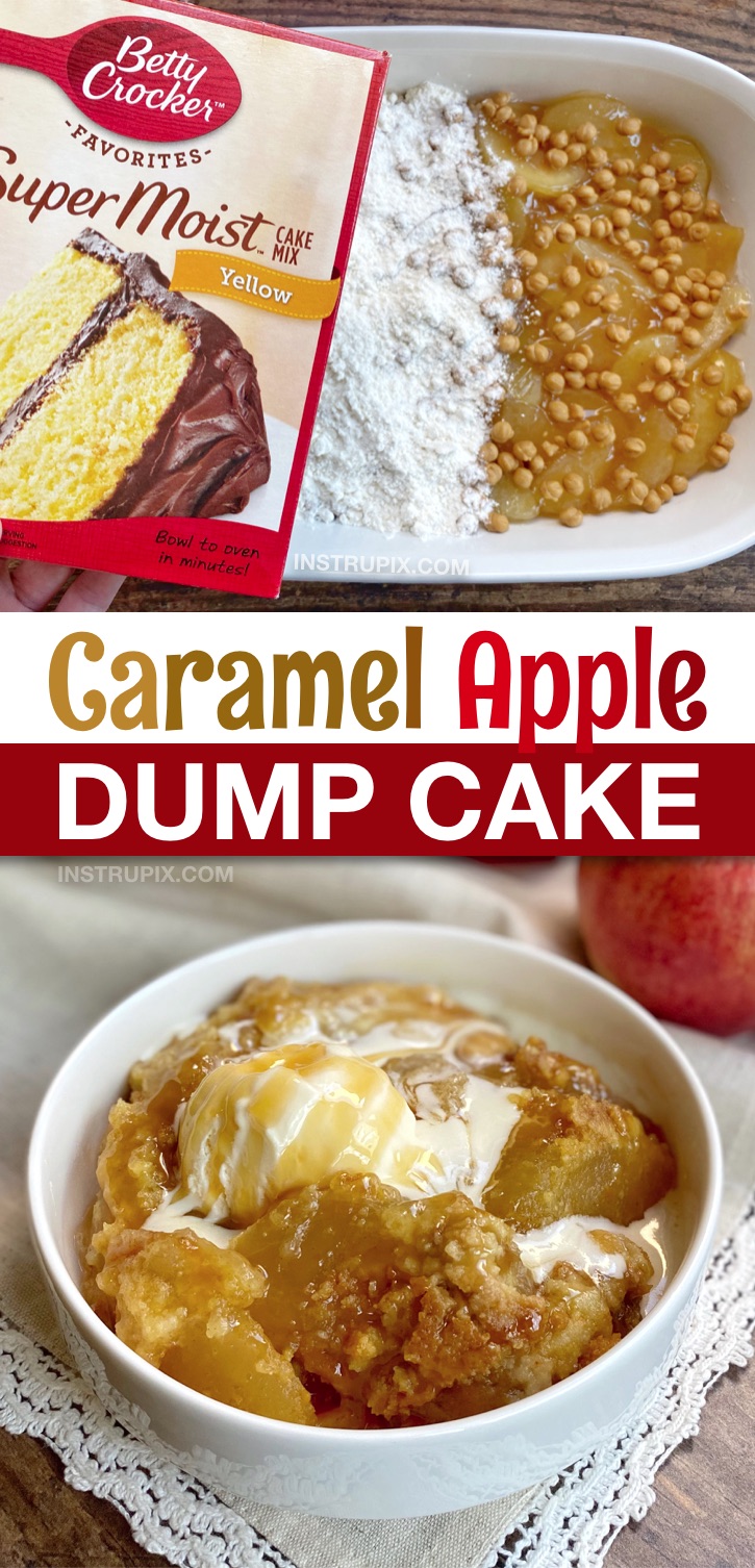 Seriously, the BEST fall dessert recipe! This caramel apple cobbler dump cake is super quick and easy to make with boxed cake mix, pie filling, caramel and butter! So simple to make yet will impress your entire family. A simple homemade apple dessert recipe that's perfect for Thanksgiving or anytime during the holidays! #desserts #4ingredients #dumpcake #cakemix #instrupix